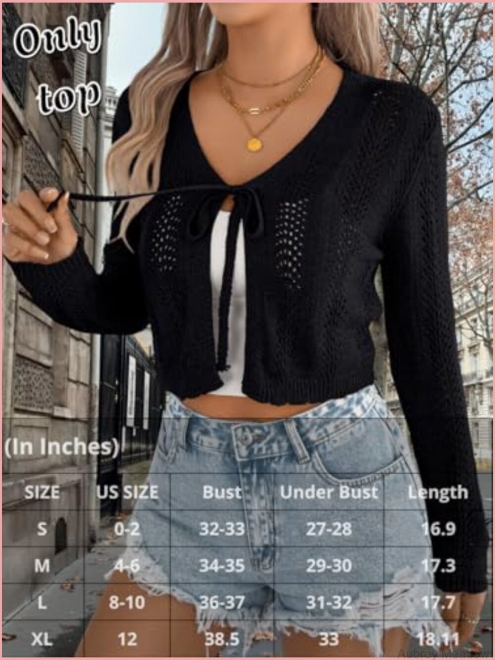 Lightweight Cropped Crochet Cardigan Tie Front V-Neck Hollow Out Knit Top - Picture 7 of 7